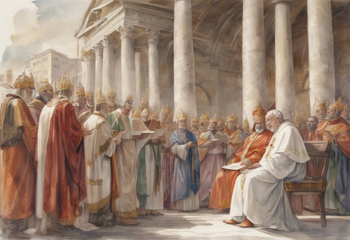 Watercolor painting based depiction of Pope Gregory I, also known as Gregory the Great, issues a decree that would later influence the Gregorian Chant, a form of plainchant used in the Roman Catholic Church. (600)