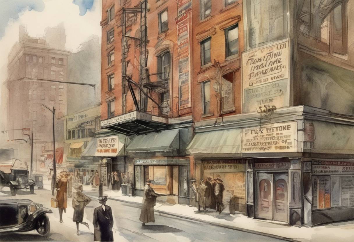 Watercolor painting based depiction of Fox Film buys the patents of the Movietone sound system for recording sound onto film. (1926)