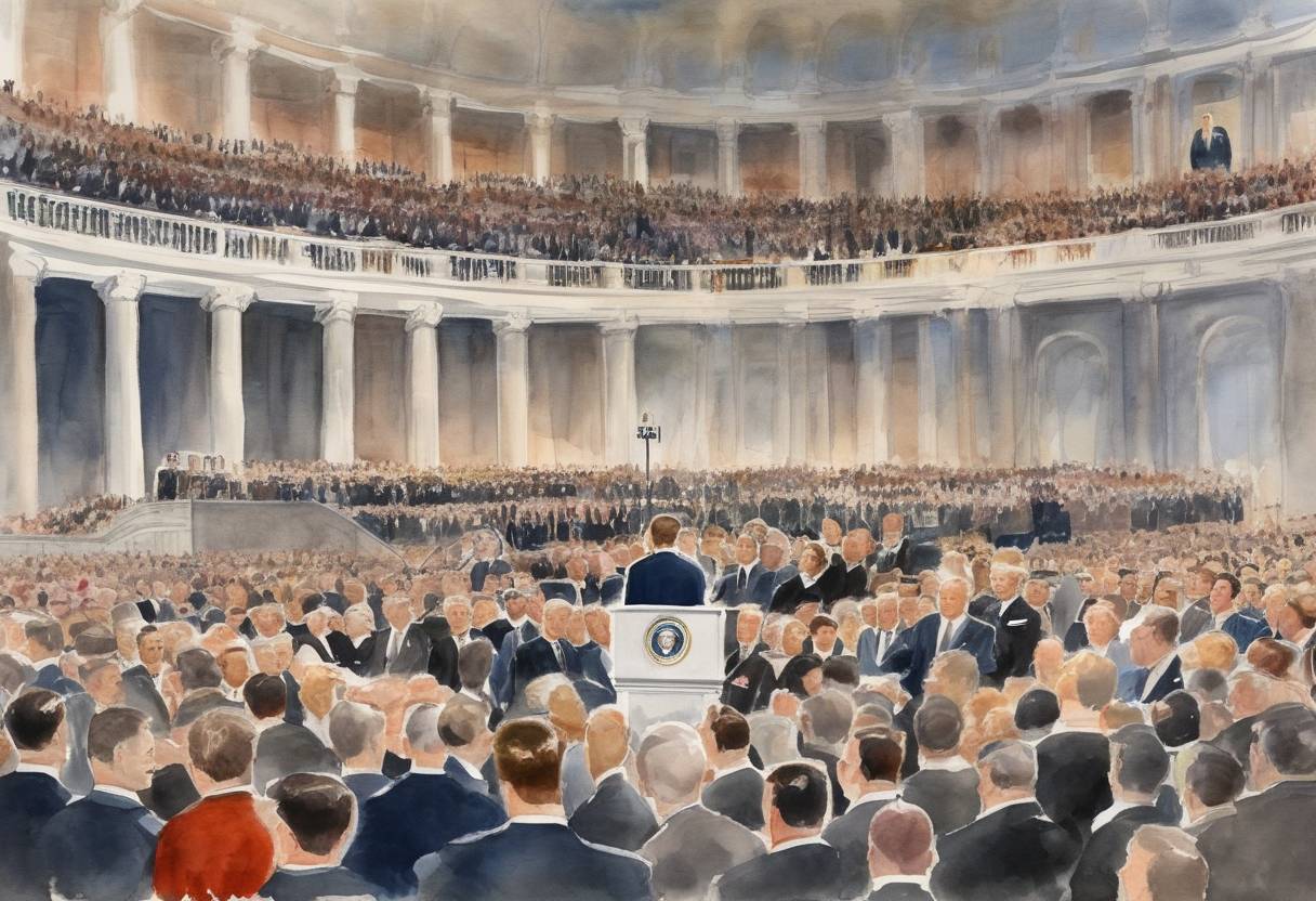 Watercolor painting based depiction of John F. Kennedy was inaugurated as the 35th President of the United States, delivering his famous inaugural address with the line 'Ask not what your country can do for you—ask what you can do for your country.' (1961)