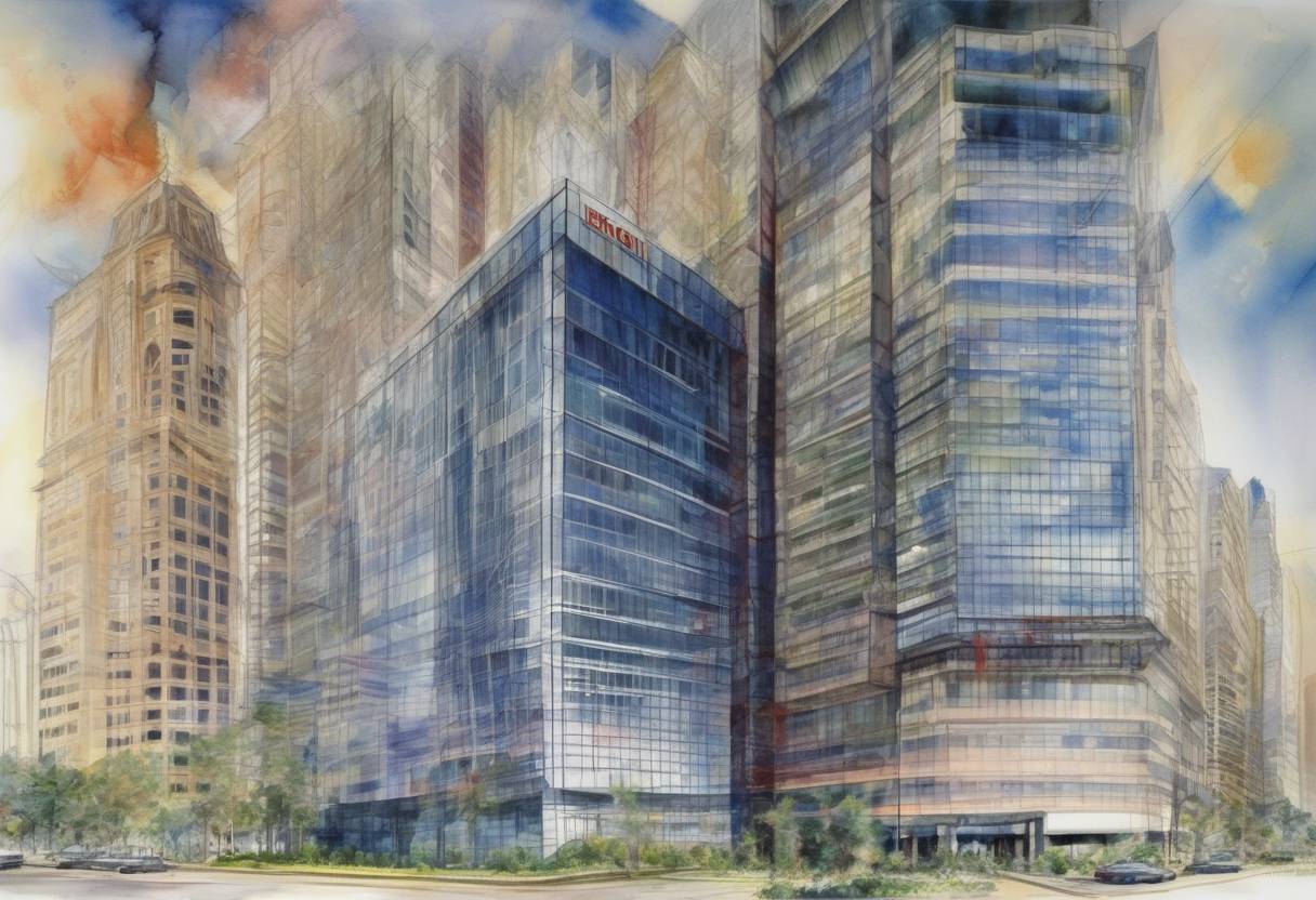 Watercolor painting based depiction of Enron Corporation, once one of the largest energy companies in the world, filed for bankruptcy, marking one of the largest corporate scandals in U.S. history. (2001)