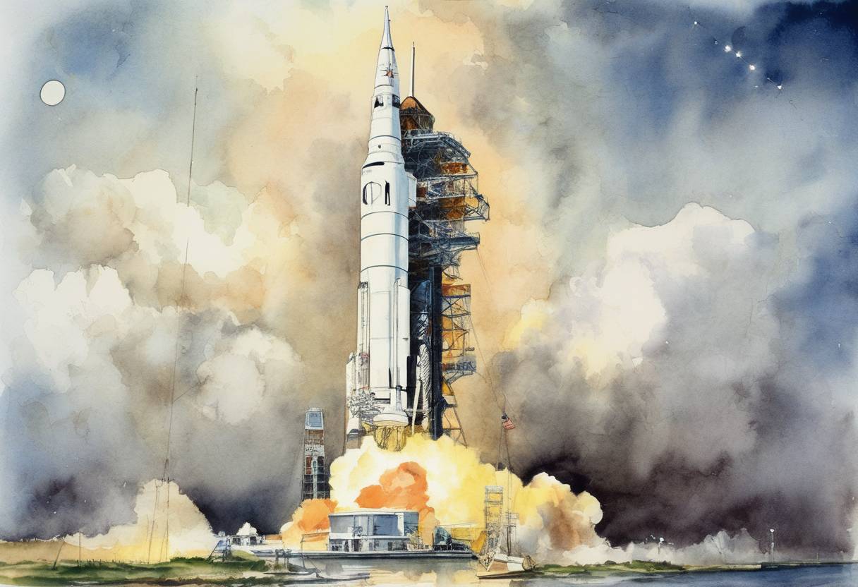 Watercolor painting based depiction of NASA launches Mariner 10, the first spacecraft to fly by two planets, Venus and Mercury. (1973)