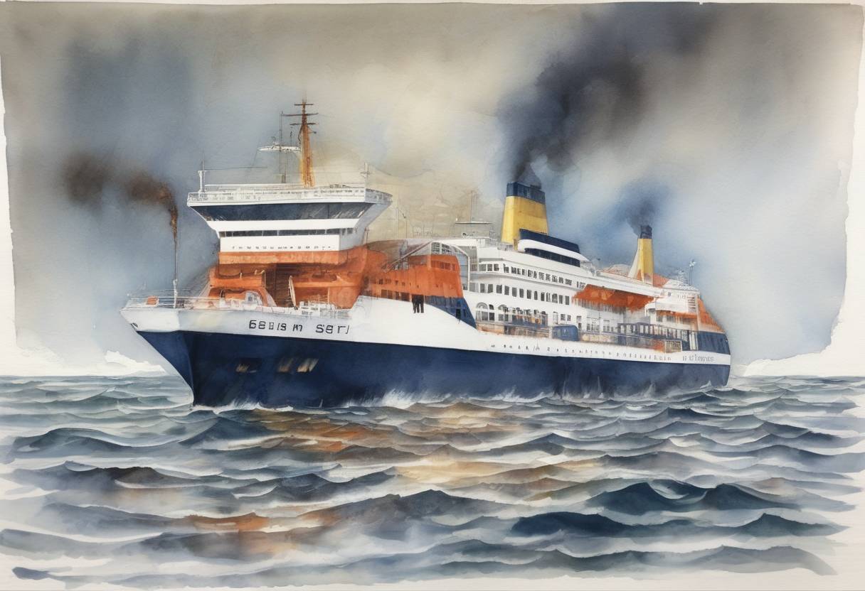 Watercolor painting based depiction of The ferry MS Estonia sinks in the Baltic Sea, resulting in the deaths of 852 people, one of the worst maritime disasters of the 20th century. (1994)