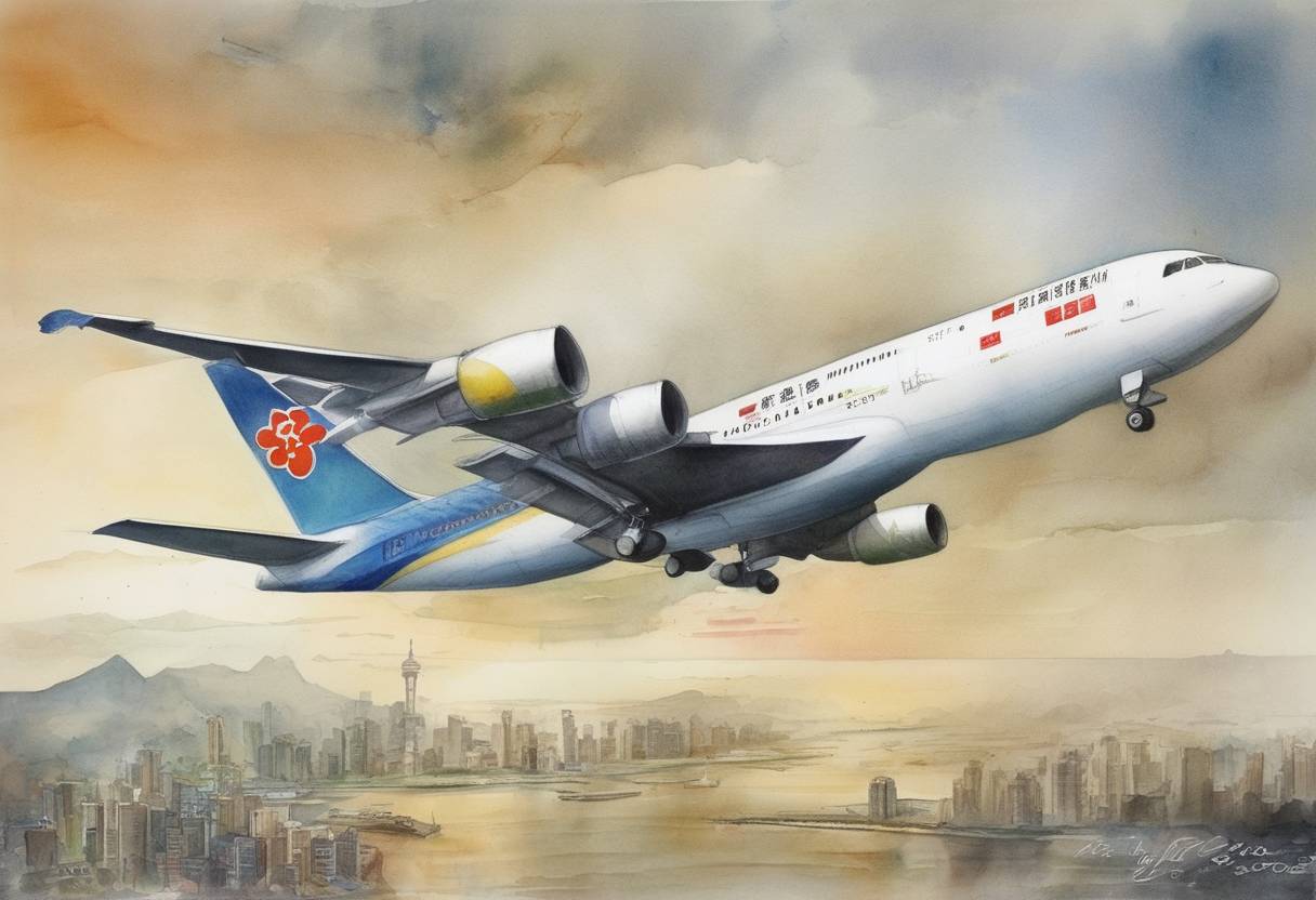 Watercolor painting based depiction of The first direct commercial flights between China and Taiwan since 1949 take place, marking a significant step in cross-strait relations. (2005)