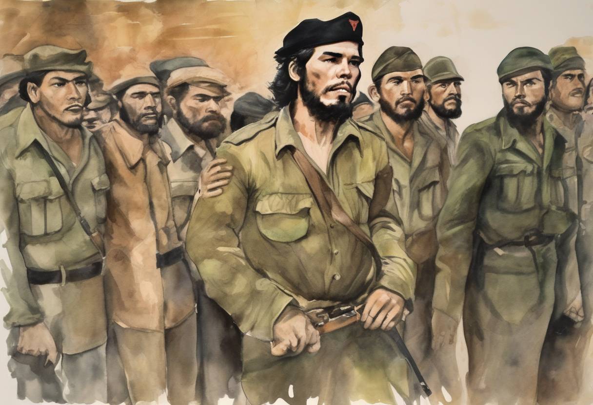 Watercolor painting based depiction of Guerrilla leader Che Guevara and his men are captured in Bolivia by the Bolivian Army, with assistance from the CIA. Guevara is executed the following day. (1967)