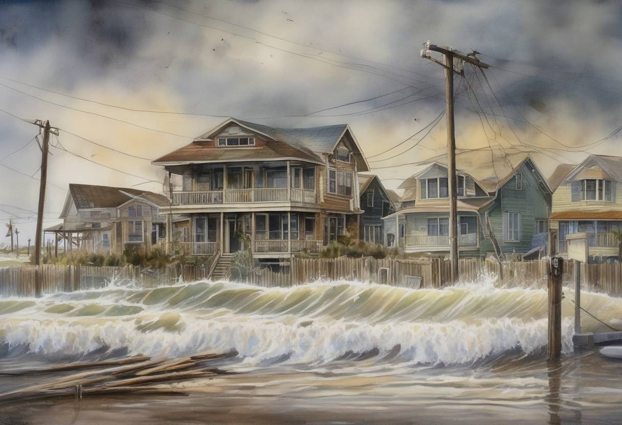 Watercolor painting based depiction of Hurricane Ike made landfall in Texas, causing widespread damage and power outages, and resulting in significant loss of life and property. (2008)