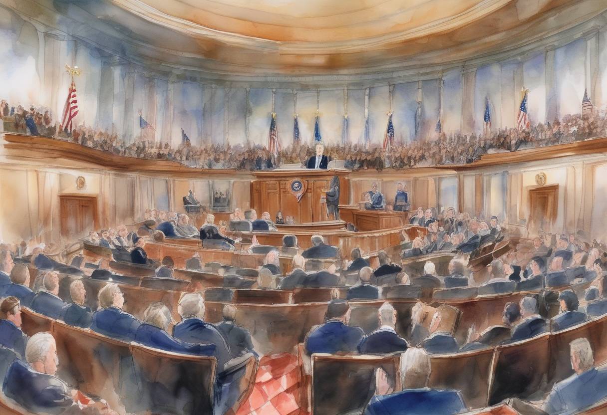 Watercolor painting based depiction of The United States House of Representatives impeached President Bill Clinton on charges of perjury and obstruction of justice. (1998)
