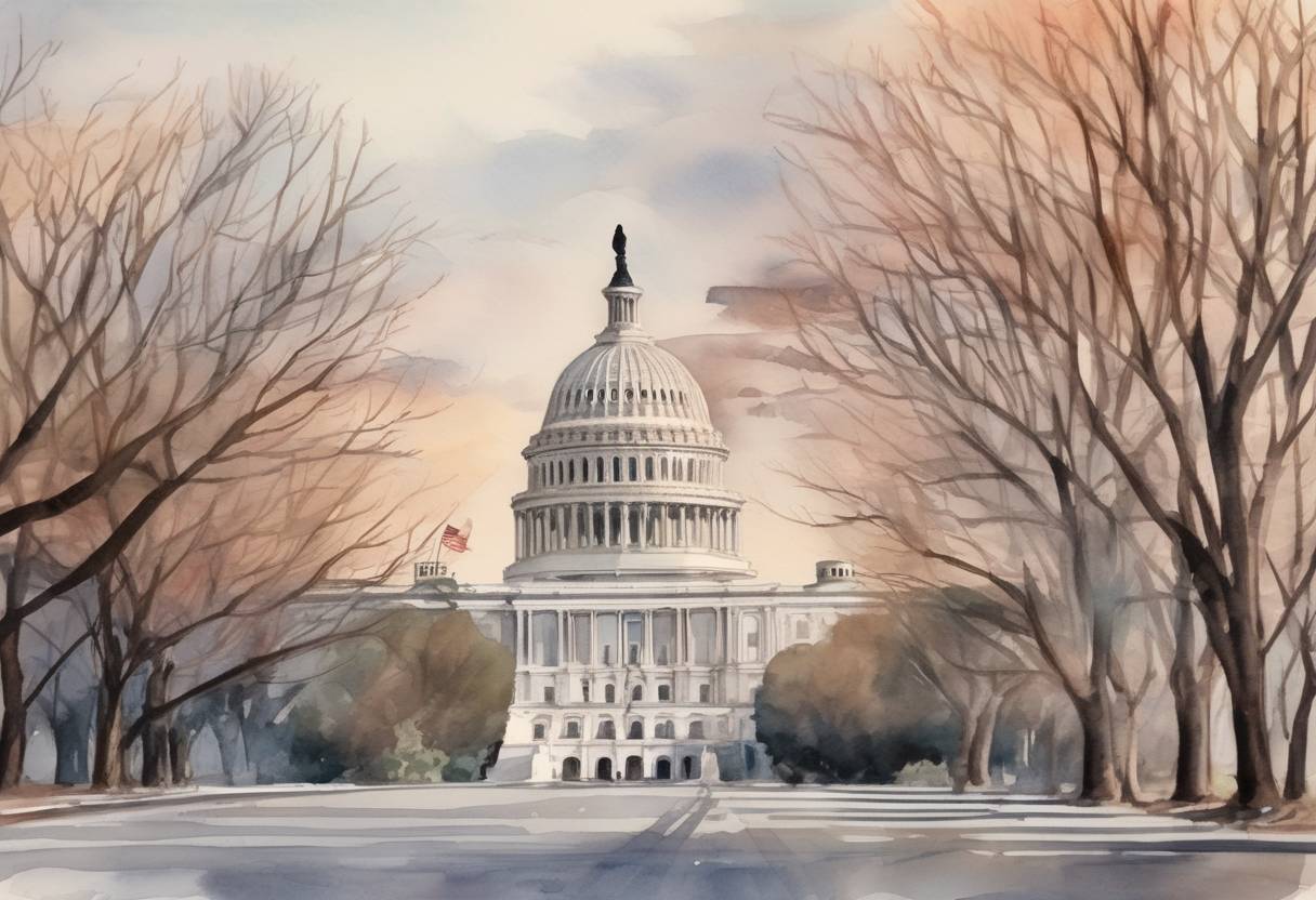 Watercolor painting based depiction of A partial government shutdown began in the United States after Congress and President Donald Trump failed to agree on a budget, primarily due to disputes over funding for a border wall. (2018)