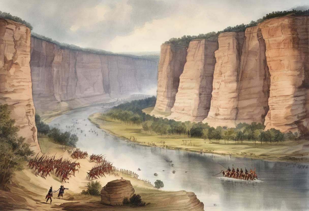 Watercolor painting based depiction of The Battle of Horseshoe Bend took place during the Creek War, resulting in a decisive victory for Andrew Jackson's forces over the Red Stick Creek Indians. (1814)