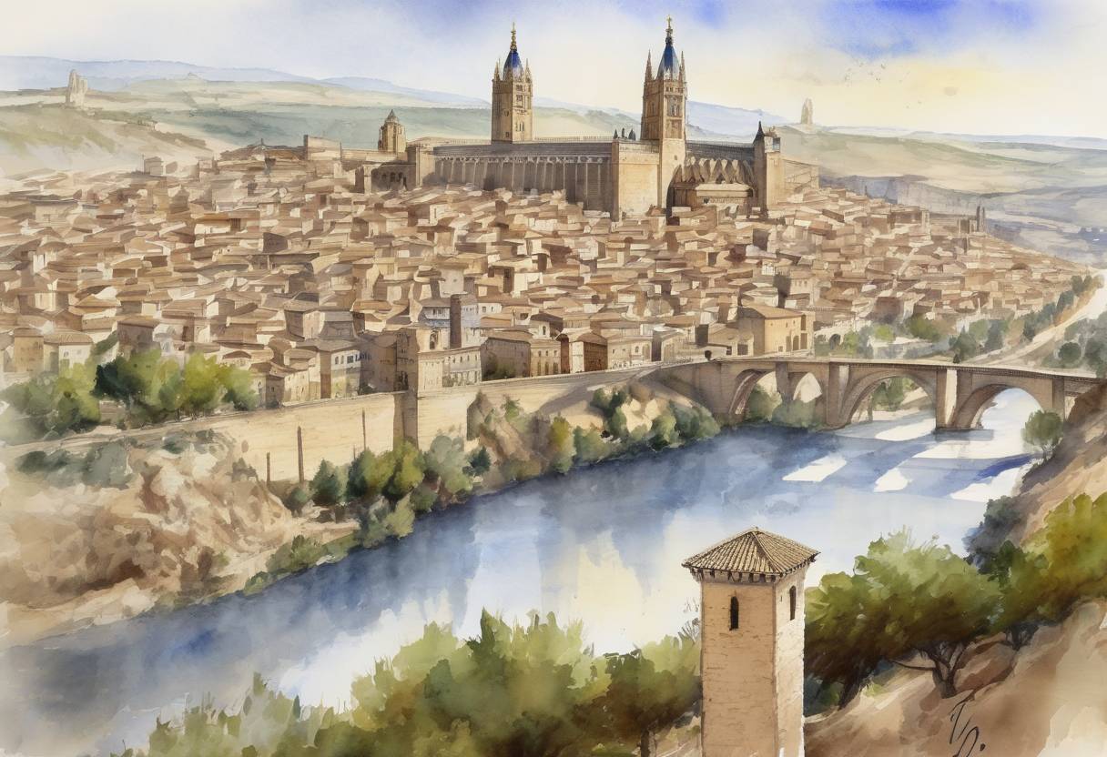 Watercolor painting based depiction of The city of Toledo, Spain, is captured by King Alfonso VI of Castile, marking a significant moment in the Reconquista, the Christian reconquest of the Iberian Peninsula from Muslim rule. (1085)
