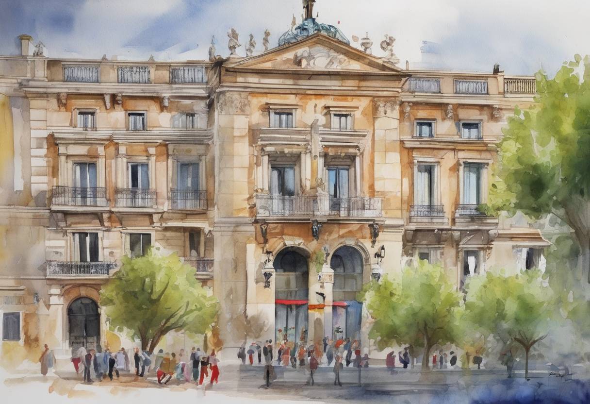 Watercolor painting based depiction of Spain assumed the rotating presidency of the Council of the European Union, focusing on economic recovery and the implementation of the Lisbon Treaty. (2010)