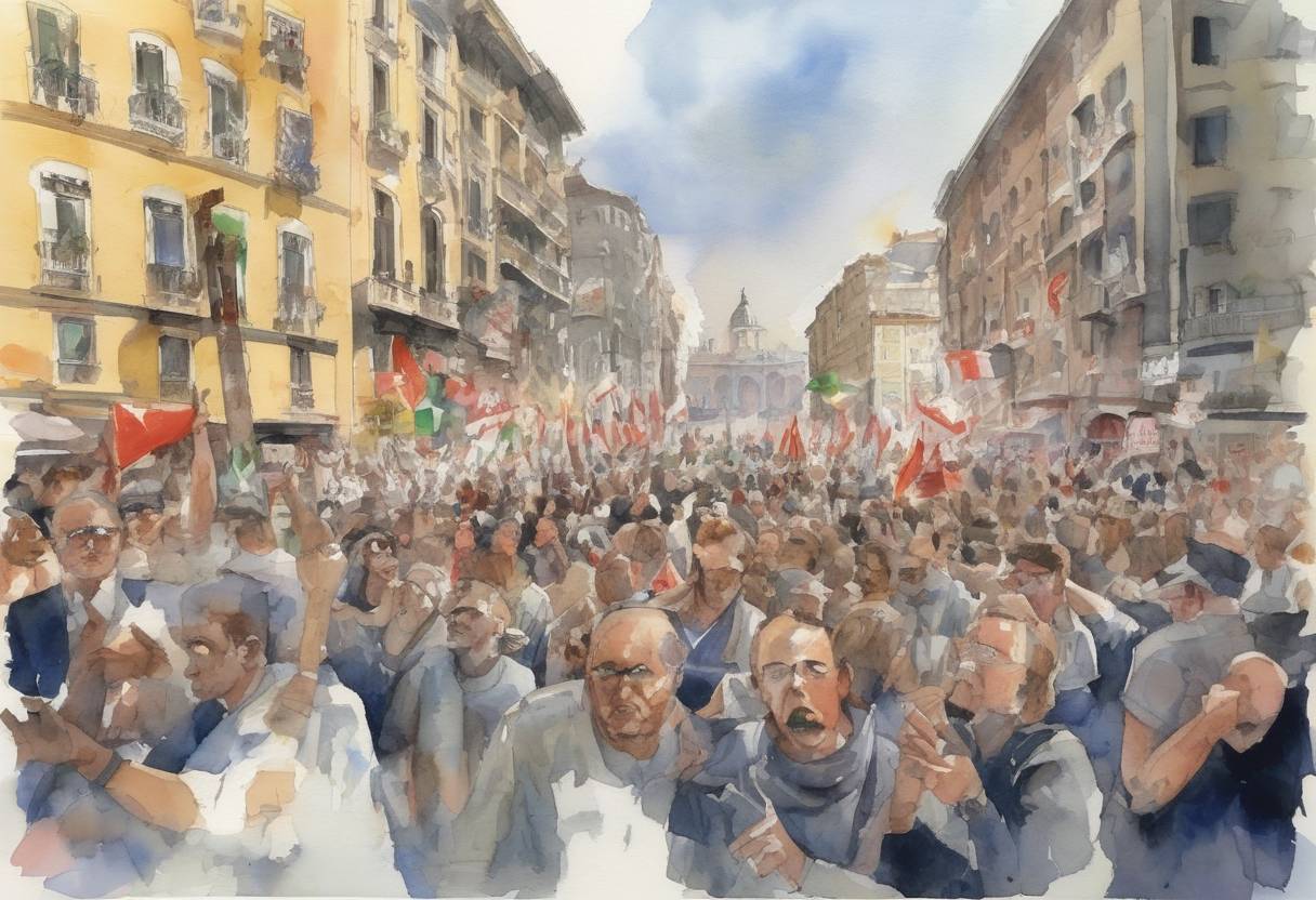 Watercolor painting based depiction of The 27th G8 summit began in Genoa, Italy, amid widespread protests against globalization and economic inequality. The summit was marked by significant clashes between police and demonstrators, resulting in the death of a protester, Carlo Giuliani. (2001)