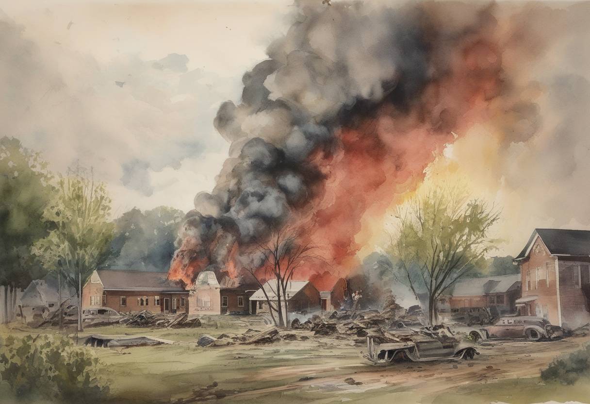 Watercolor painting based depiction of The Bath School disaster occurs in Bath Township, Michigan, when a series of bombs set by school board treasurer Andrew Kehoe explode, killing 38 children and 6 adults in the deadliest school massacre in U.S. history. (1927)