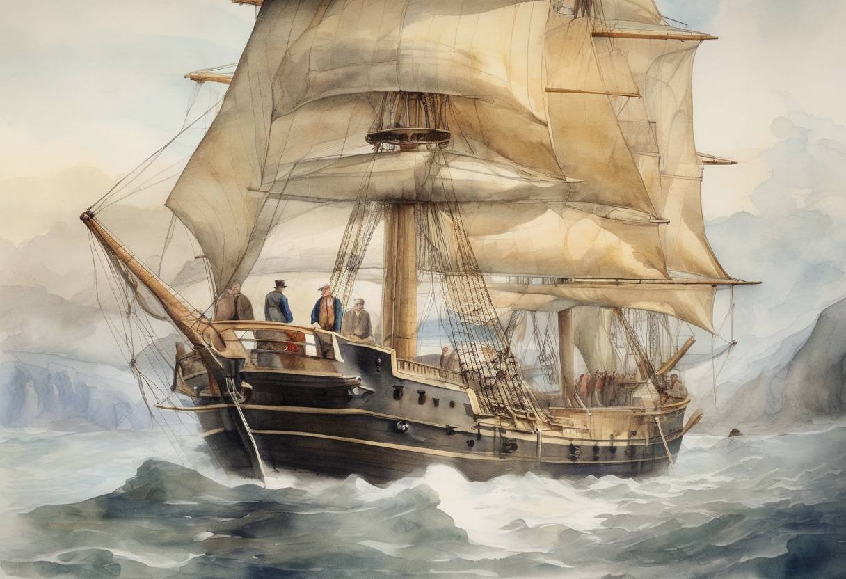 Watercolor painting based depiction of Charles Darwin embarked on his journey aboard HMS Beagle, which would lead to his groundbreaking work on the theory of evolution. (1831)