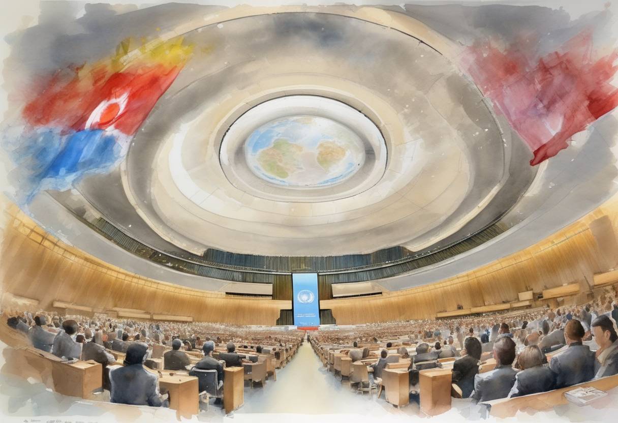 Watercolor painting based depiction of The United Nations General Assembly adopted the Declaration of Commitment on HIV/AIDS, a landmark document aimed at combating the global HIV/AIDS epidemic. (2001)
