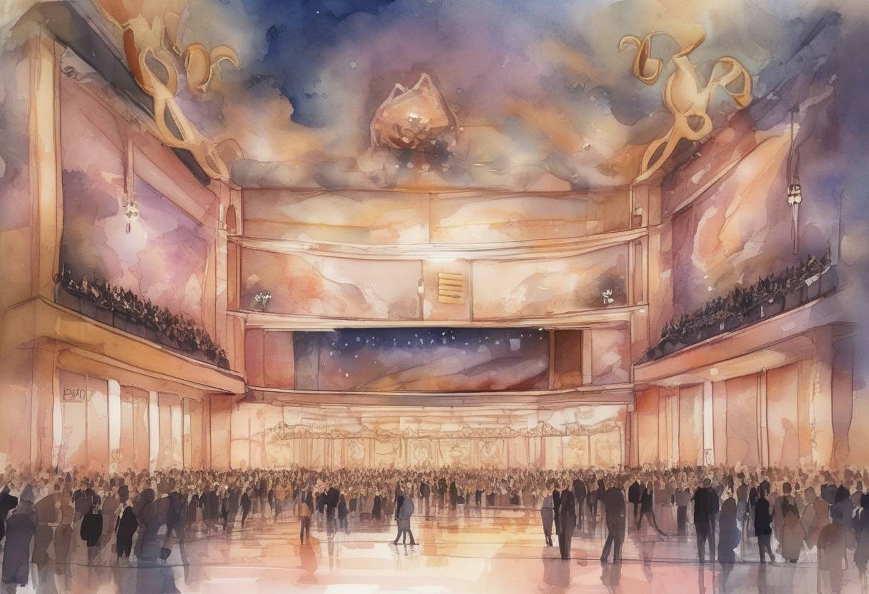 Watercolor painting based depiction of The 92nd Academy Awards take place in Los Angeles, California, with 'Parasite' becoming the first non-English language film to win Best Picture. (2020)