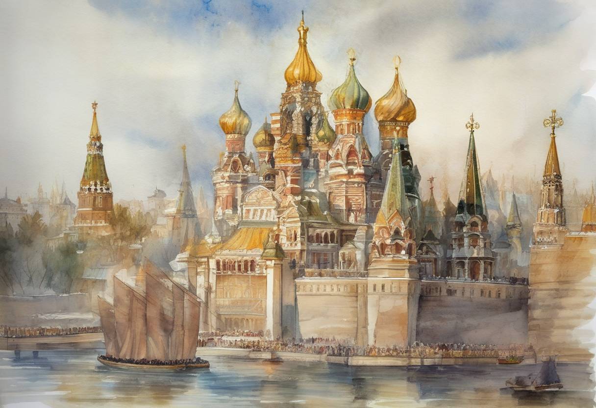 Watercolor painting based depiction of Mikhail Romanov was elected Tsar of Russia, marking the beginning of the Romanov dynasty. (1613)