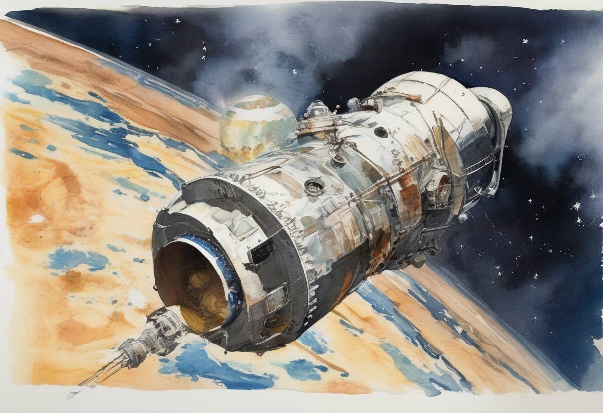 Watercolor painting based depiction of The first live telecast from a manned U.S. spacecraft was made from Apollo 7. (1968)