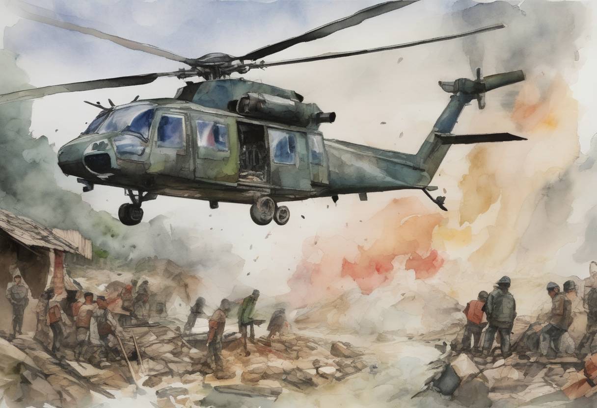 Watercolor painting based depiction of A military helicopter crash in Nepal kills all eight people on board, including six U.S. Marines, during a relief mission following the April 2015 Nepal earthquake. (2015)