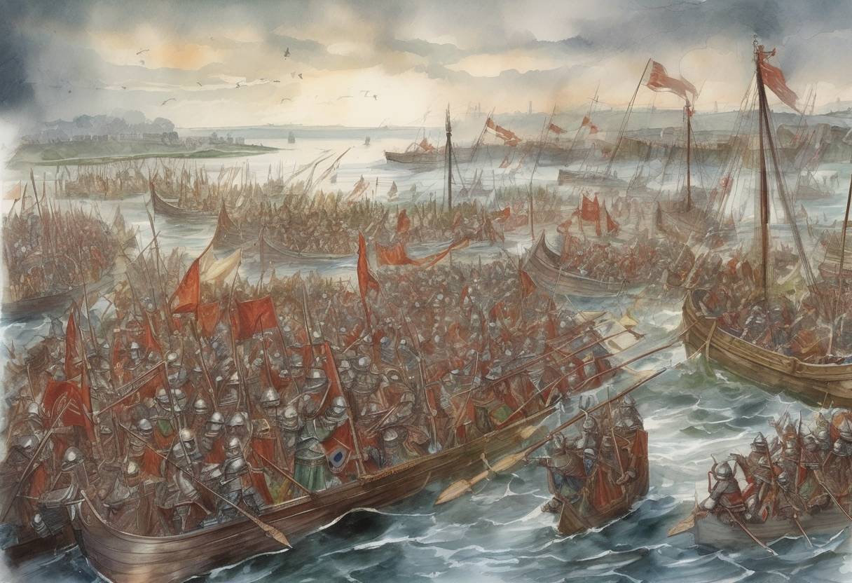 Watercolor painting based depiction of The Battle of Clontarf took place, where the forces of Irish High King Brian Boru defeated a coalition of Irish and Viking forces, although Brian Boru was killed in the battle. (1014)