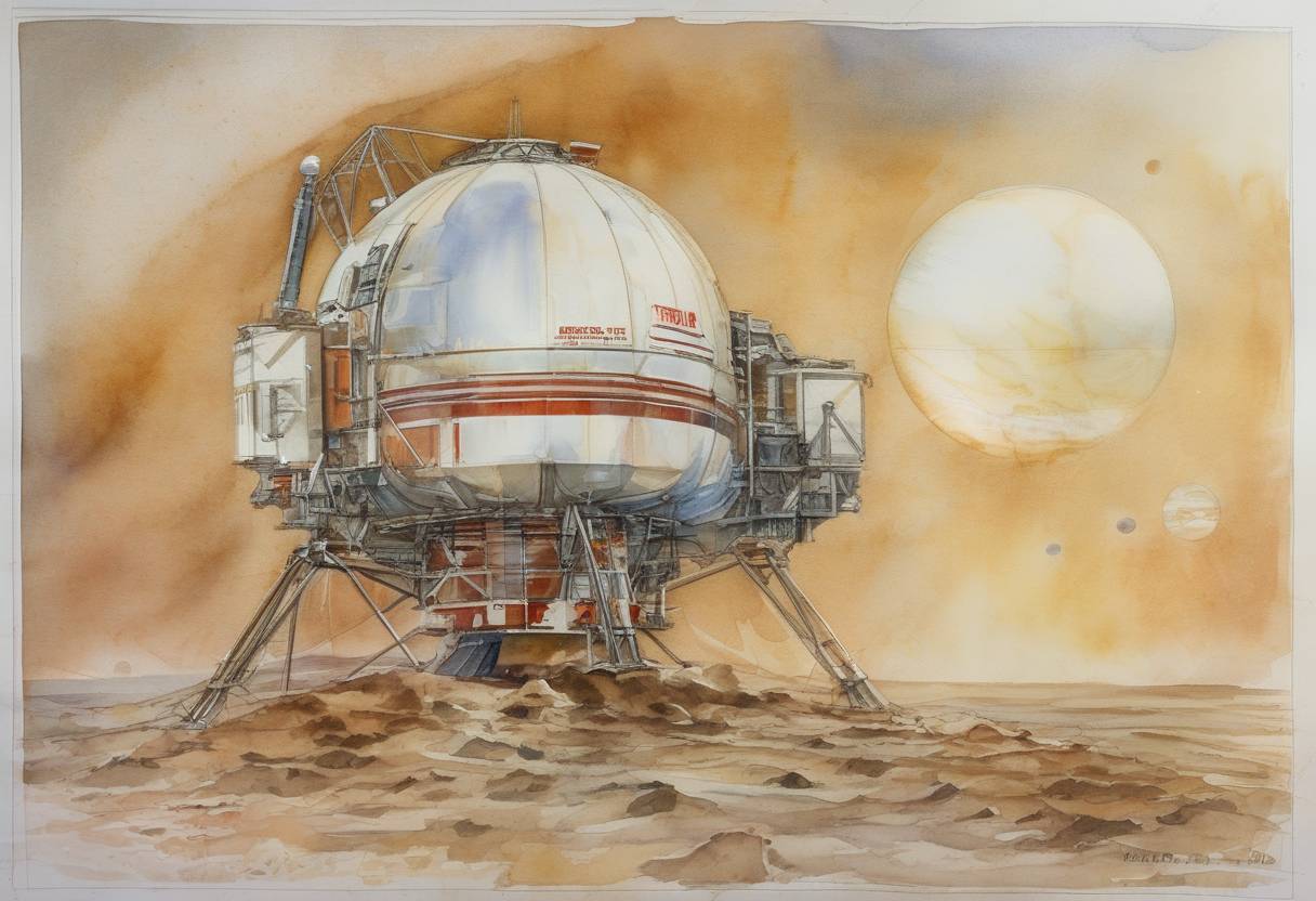 Watercolor painting based depiction of The Soviet space probe Venera 14 landed on Venus, providing valuable data about the planet's atmosphere and surface conditions. (1982)