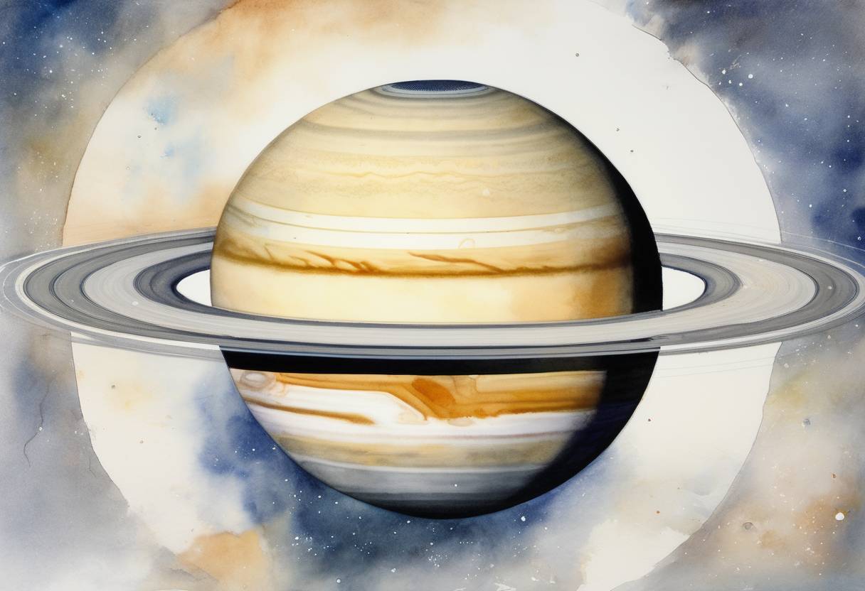 Watercolor painting based depiction of The NASA space probe Voyager I makes its closest approach to Saturn, providing unprecedented data and images of the planet and its rings. (1980)