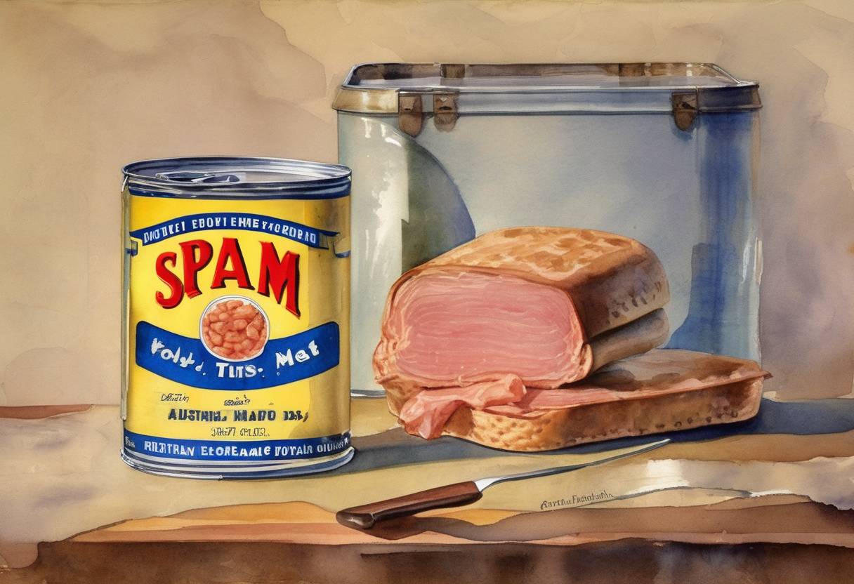 Watercolor painting based depiction of Spam, the canned meat product, was introduced by Hormel Foods Corporation. (1937)