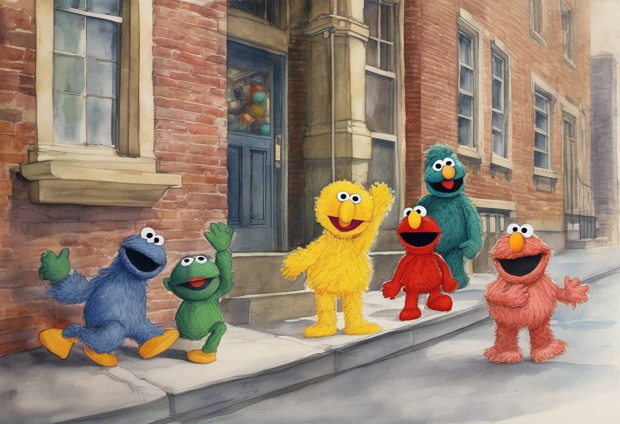 Watercolor painting based depiction of Sesame Street, a pioneering children's television program, premiered on the National Educational Television network in the United States, becoming a significant cultural and educational influence. (1969)