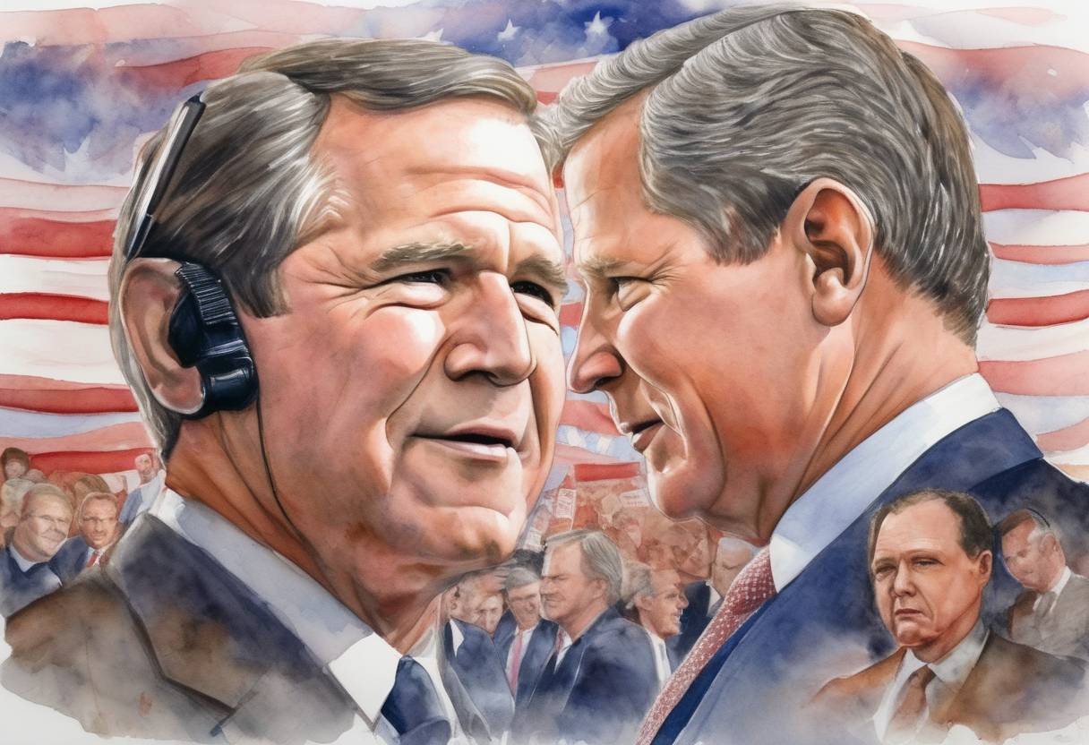 Watercolor painting based depiction of The United States presidential election took place, resulting in a controversial and highly contested outcome between George W. Bush and Al Gore. The election was ultimately decided by the Supreme Court in Bush v. Gore, leading to Bush's presidency. (2000)