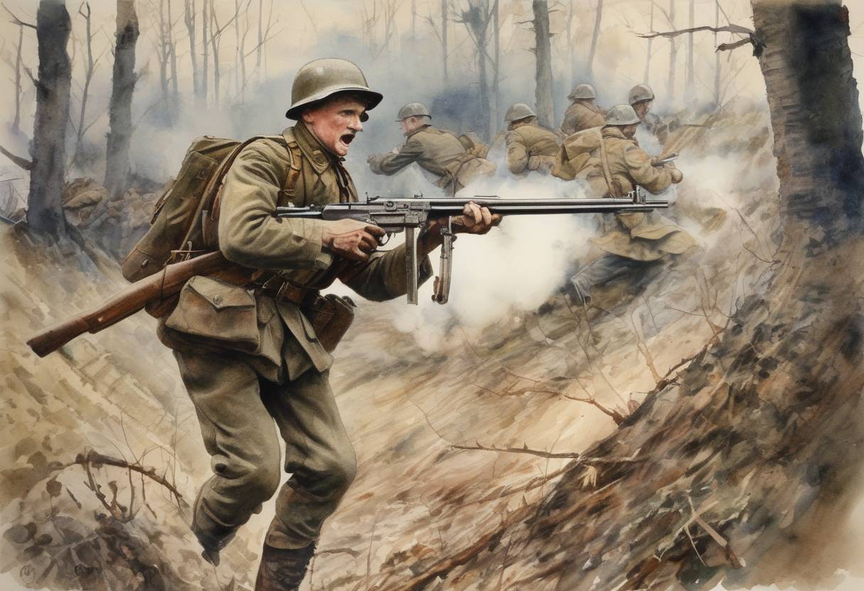 Watercolor painting based depiction of Corporal Alvin C. York leads an attack on a German machine gun nest, capturing 132 German soldiers, an action for which he is awarded the Medal of Honor. (1918)