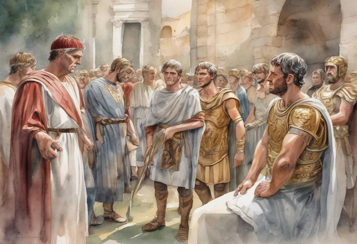 Watercolor painting based depiction of Romulus Augustulus, the last Roman emperor of the Western Roman Empire, was deposed by the Germanic chieftain Odoacer, marking the traditional end of the Western Roman Empire. (476)