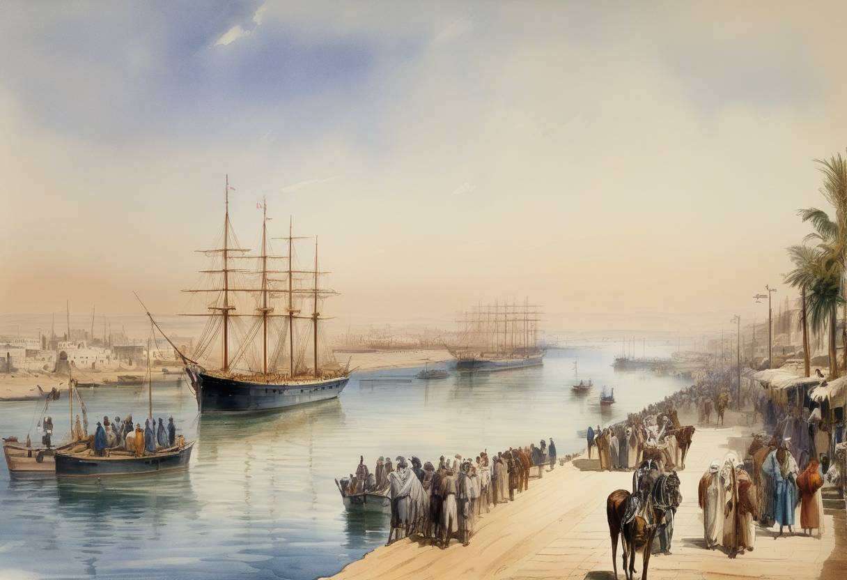 Watercolor painting based depiction of The Suez Canal officially opened, connecting the Mediterranean Sea to the Red Sea. (1869)
