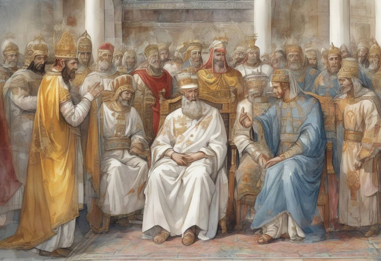 Watercolor painting based depiction of Emperor Justin II of the Byzantine Empire, suffering from mental illness, abdicates the throne in favor of his general Tiberius, who becomes Tiberius II Constantine. (574)