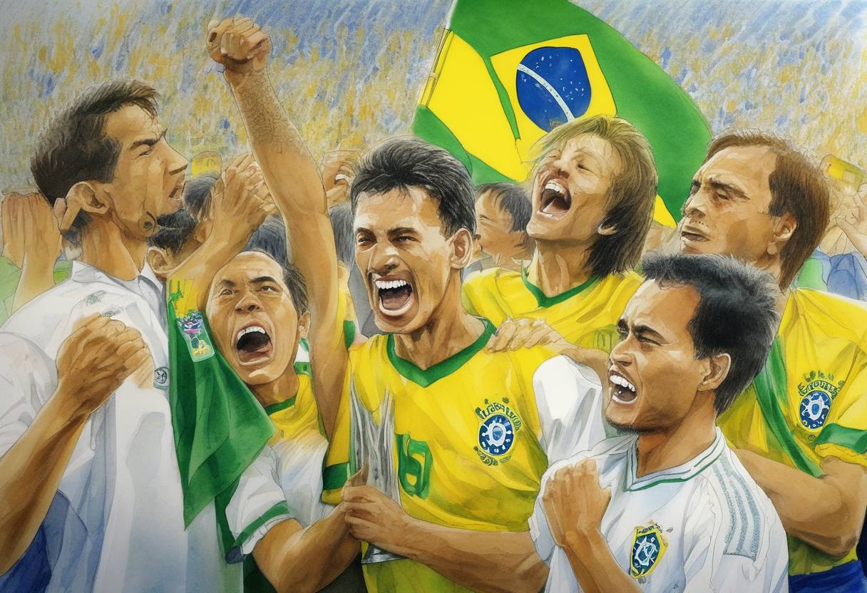 Watercolor painting based depiction of Brazil won the FIFA World Cup, defeating Germany 2-0 in the final held in Yokohama, Japan. This victory marked Brazil's fifth World Cup title, the most by any nation. (2002)