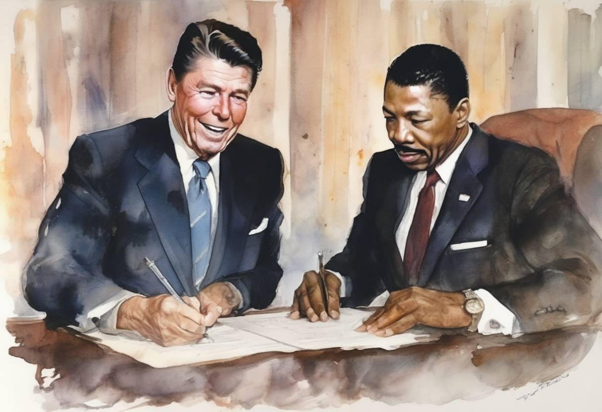 Watercolor painting based depiction of U.S. President Ronald Reagan signed a bill creating Martin Luther King Jr. Day, a federal holiday to honor the civil rights leader. (1983)