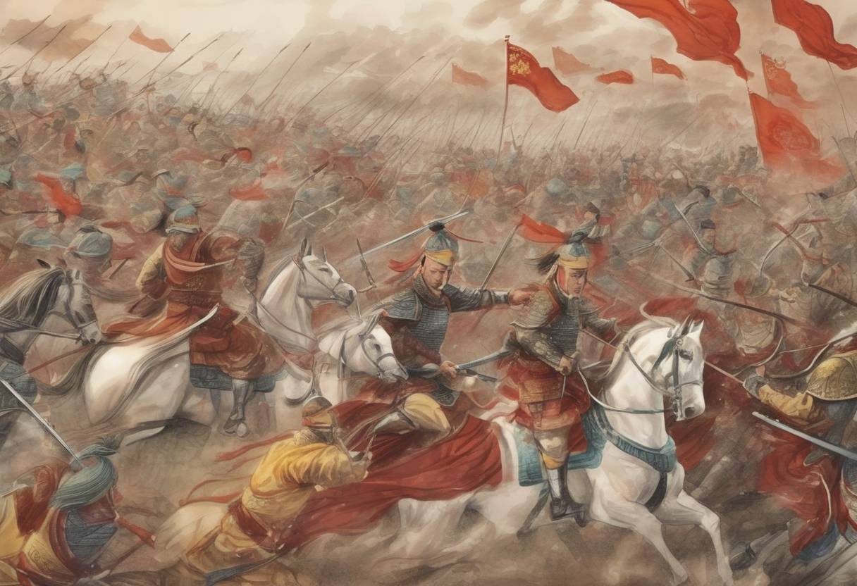 Watercolor painting based depiction of The Battle of Huoyi occurred, where the forces of the Tang dynasty, led by Li Shimin, defeated the Sui dynasty forces, marking a significant step in the establishment of the Tang dynasty. (617)