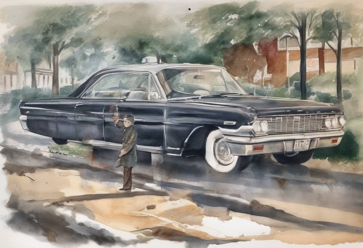 Watercolor painting based depiction of U.S. President John F. Kennedy was assassinated in Dallas, Texas, leading to a significant political and cultural impact on the United States. (1963)