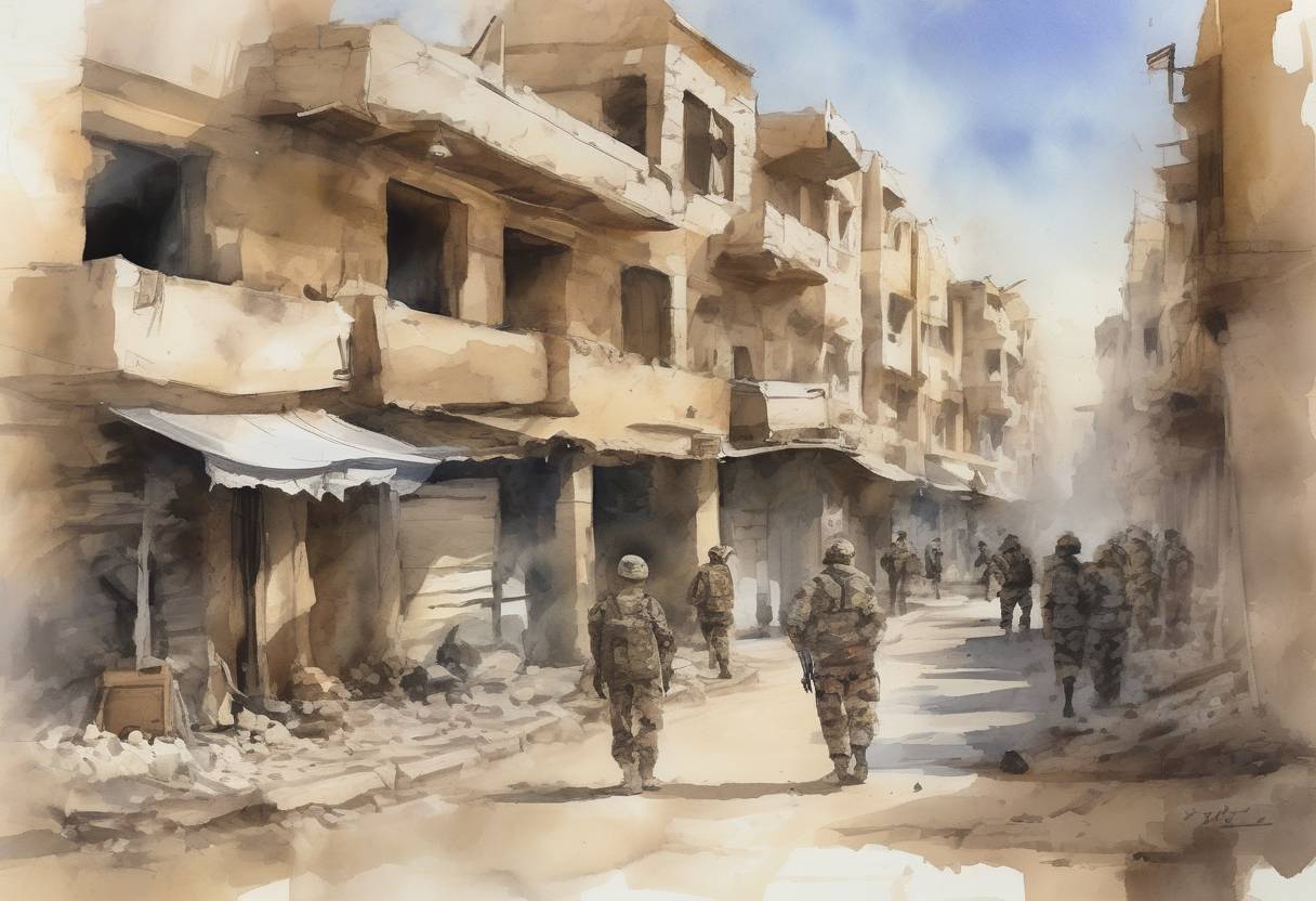 Watercolor painting based depiction of The Syrian Democratic Forces announced the liberation of Raqqa from ISIS control, marking a significant milestone in the fight against the Islamic State in Syria. (2017)