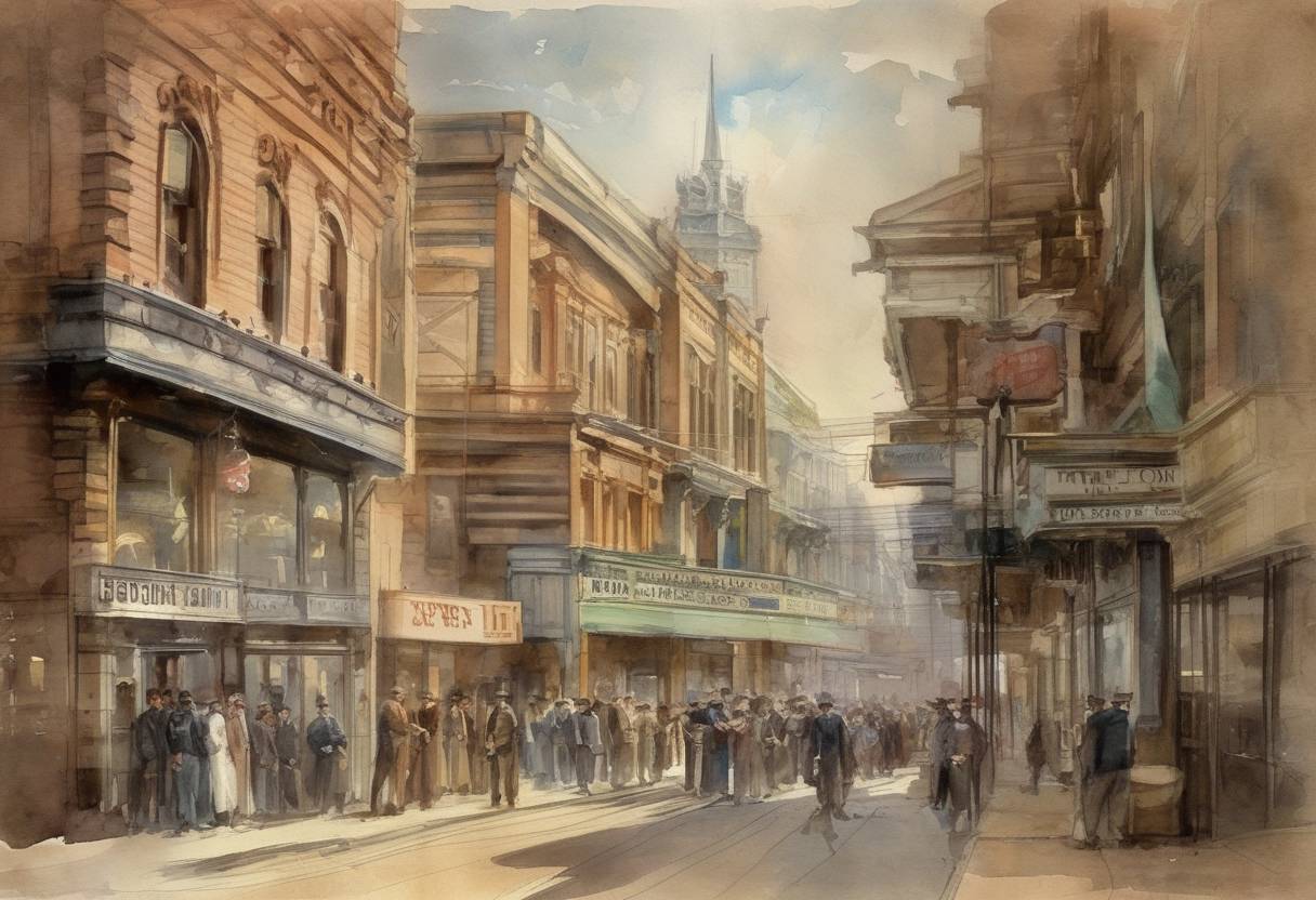 Watercolor painting based depiction of The Limelight Department, one of the world's first film studios, is officially established in Melbourne, Australia. (1892)