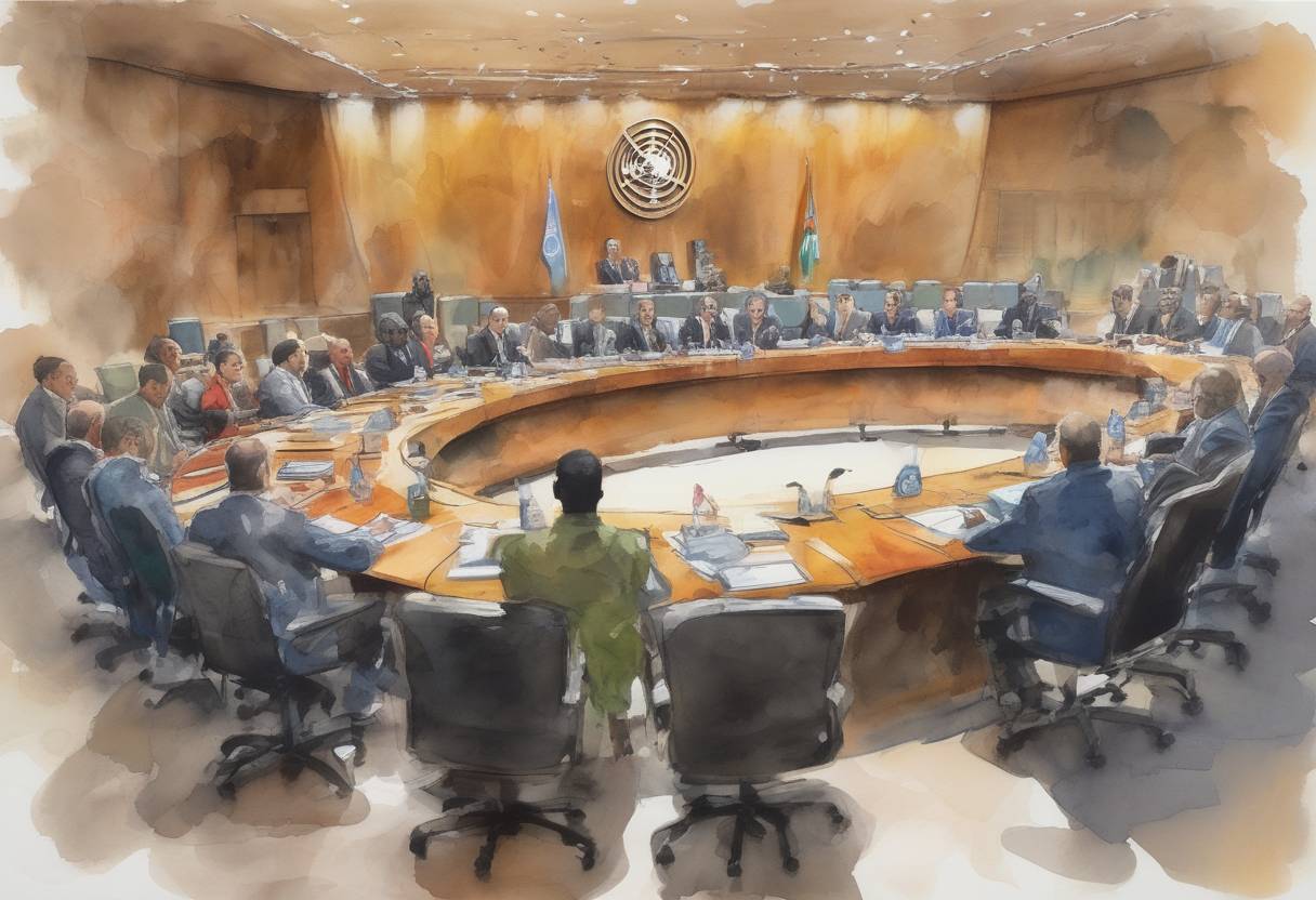 Watercolor painting based depiction of The United Nations Security Council held a meeting on the Ebola outbreak in West Africa, declaring it a threat to international peace and security. (2014)
