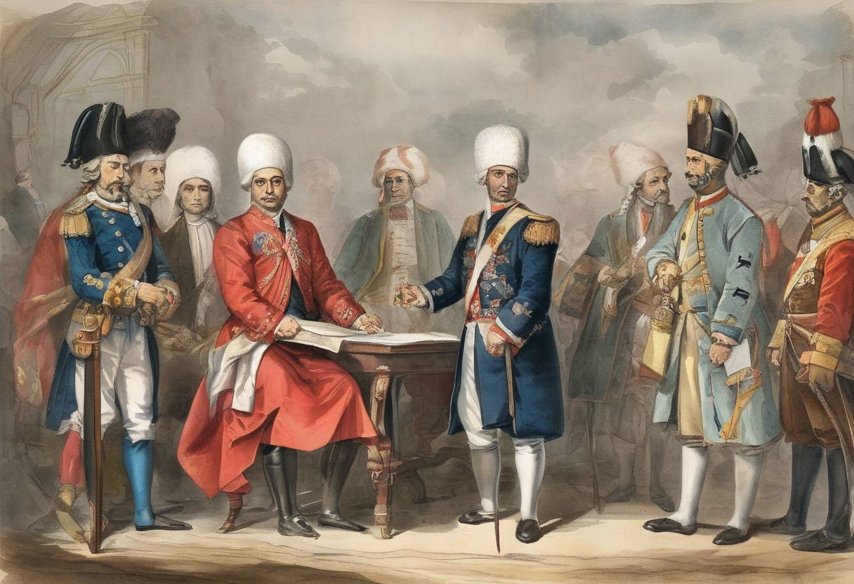 Watercolor painting based depiction of The Treaty of Nissa was signed between the Ottoman Empire and the Russian Empire, ending the Russo-Turkish War of 1735–1739. The treaty resulted in territorial adjustments and confirmed Russian control over Azov. (1739)