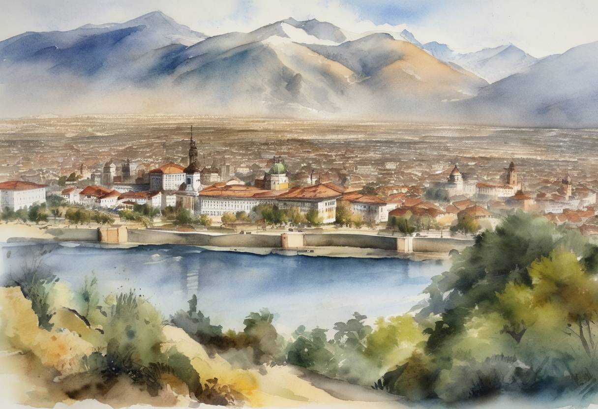 Watercolor painting based depiction of Santiago, Chile, was officially founded by Spanish conquistador Pedro de Valdivia's expedition. (1541)