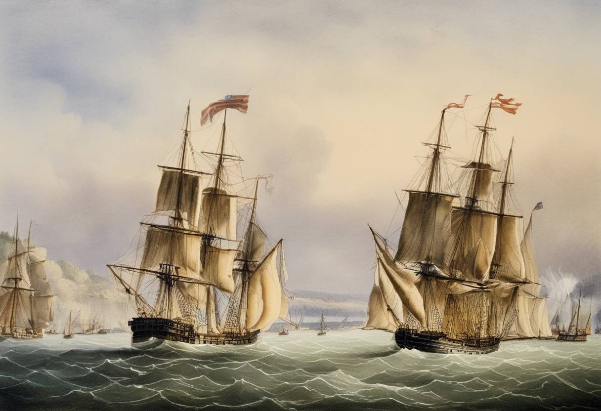 Watercolor painting based depiction of The Tonquin, an American merchant ship, leaves New York City to set up a fur trading post for the Pacific Fur Company at the mouth of the Columbia River in present-day Oregon, USA. (1810)