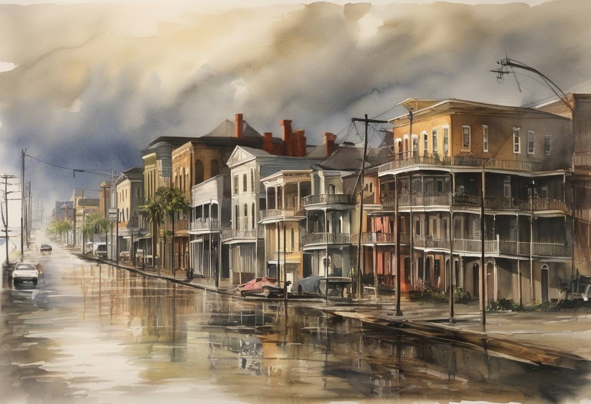 Watercolor painting based depiction of Hurricane Katrina breaches levees in New Orleans, leading to catastrophic flooding and extensive damage throughout the city and surrounding areas. (2005)