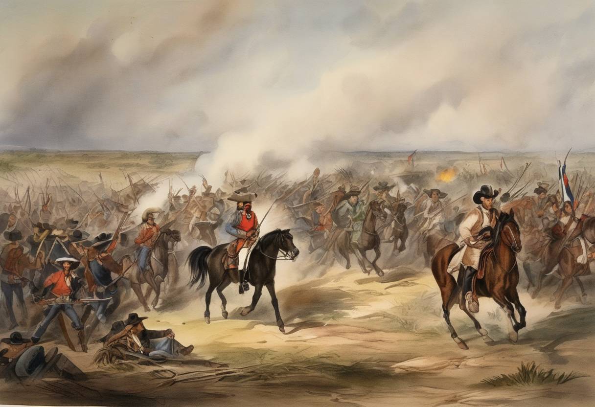 Watercolor painting based depiction of The Texas Revolution's Battle of Gonzales took place, marking the start of the conflict leading to Texas independence from Mexico. (1835)