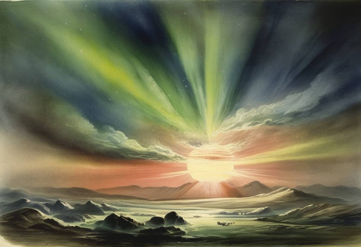 Watercolor painting based depiction of A massive solar storm, now known as the Carrington Event, peaks, causing widespread disruption of telegraph systems across Europe and North America. Geomagnetic currents induce extreme auroras as far south as the Caribbean. (1859)