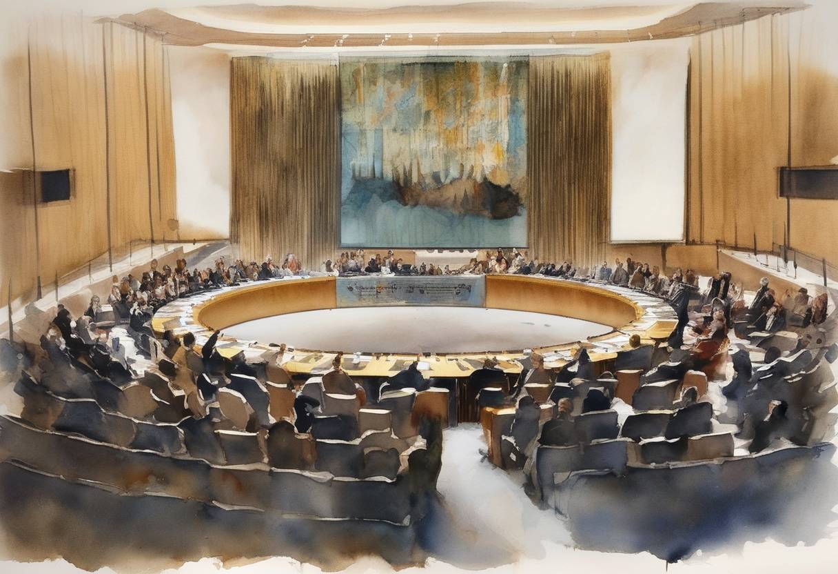 Watercolor painting based depiction of The United Nations Security Council passes Resolution 678, authorizing the use of military force by a U.S.-led coalition against Iraq if it does not withdraw from Kuwait by January 15, 1991. (1990)