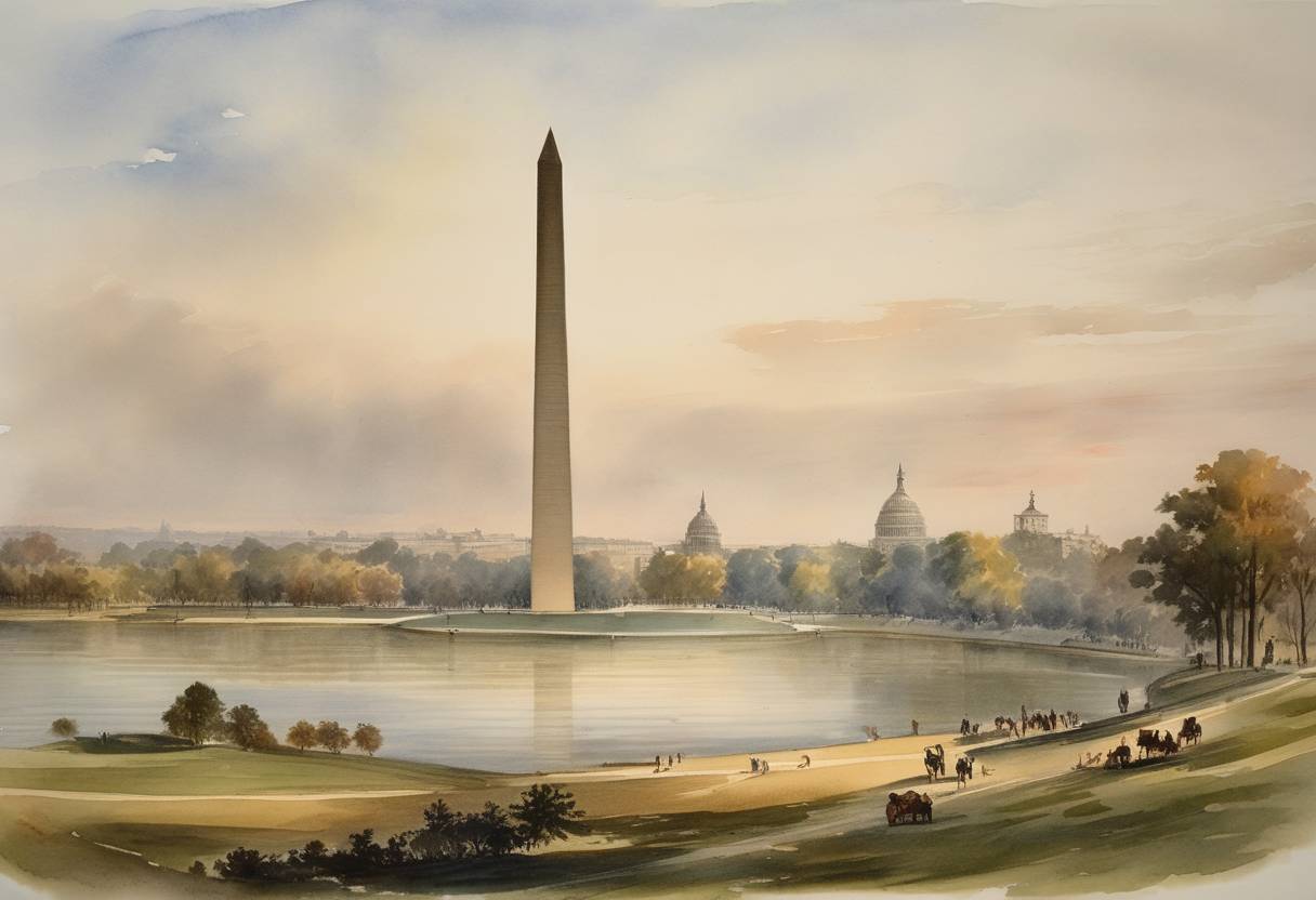 Watercolor painting based depiction of The Washington Monument was completed in Washington D.C., becoming the tallest structure in the world at the time. The monument, an iconic obelisk, honors George Washington, the first President of the United States. (1884)