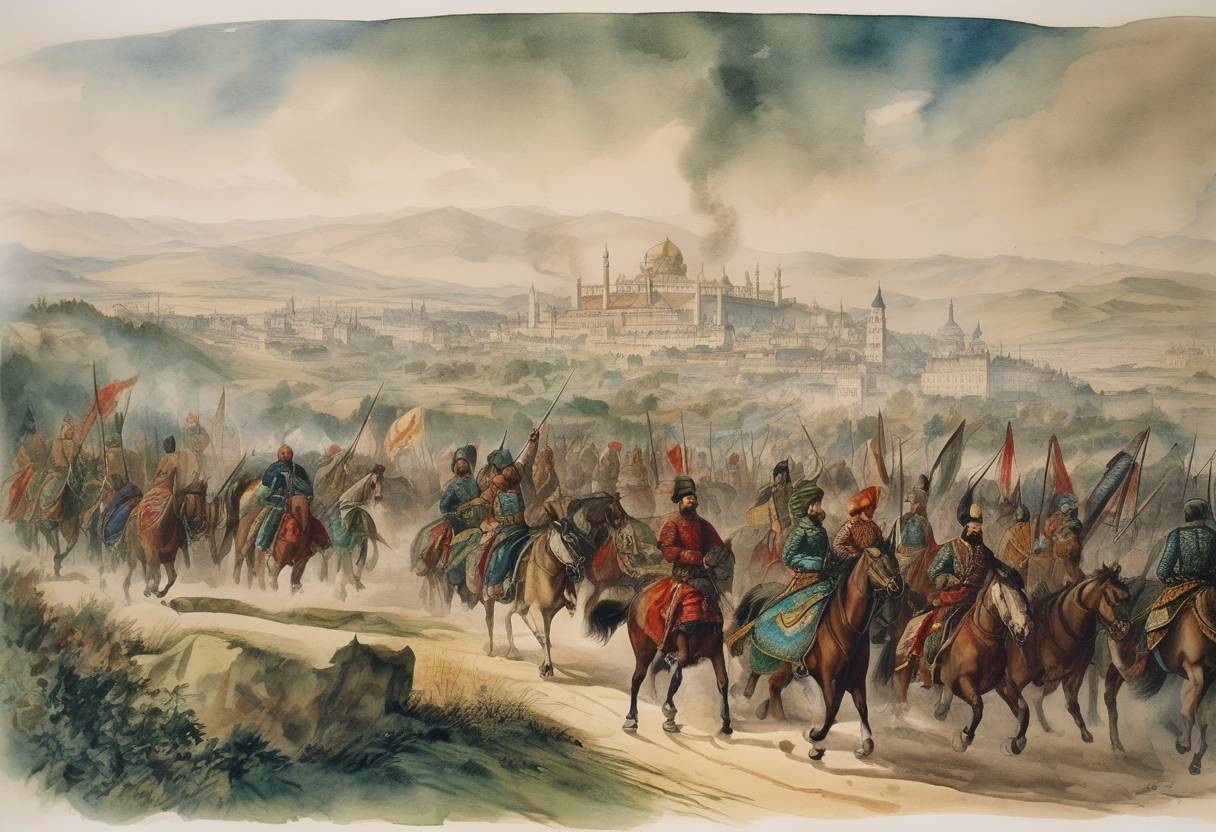 Watercolor painting based depiction of The Ottoman Empire, led by Suleiman the Magnificent, begins the Siege of Vienna as part of its campaign to expand into Central Europe. (1529)