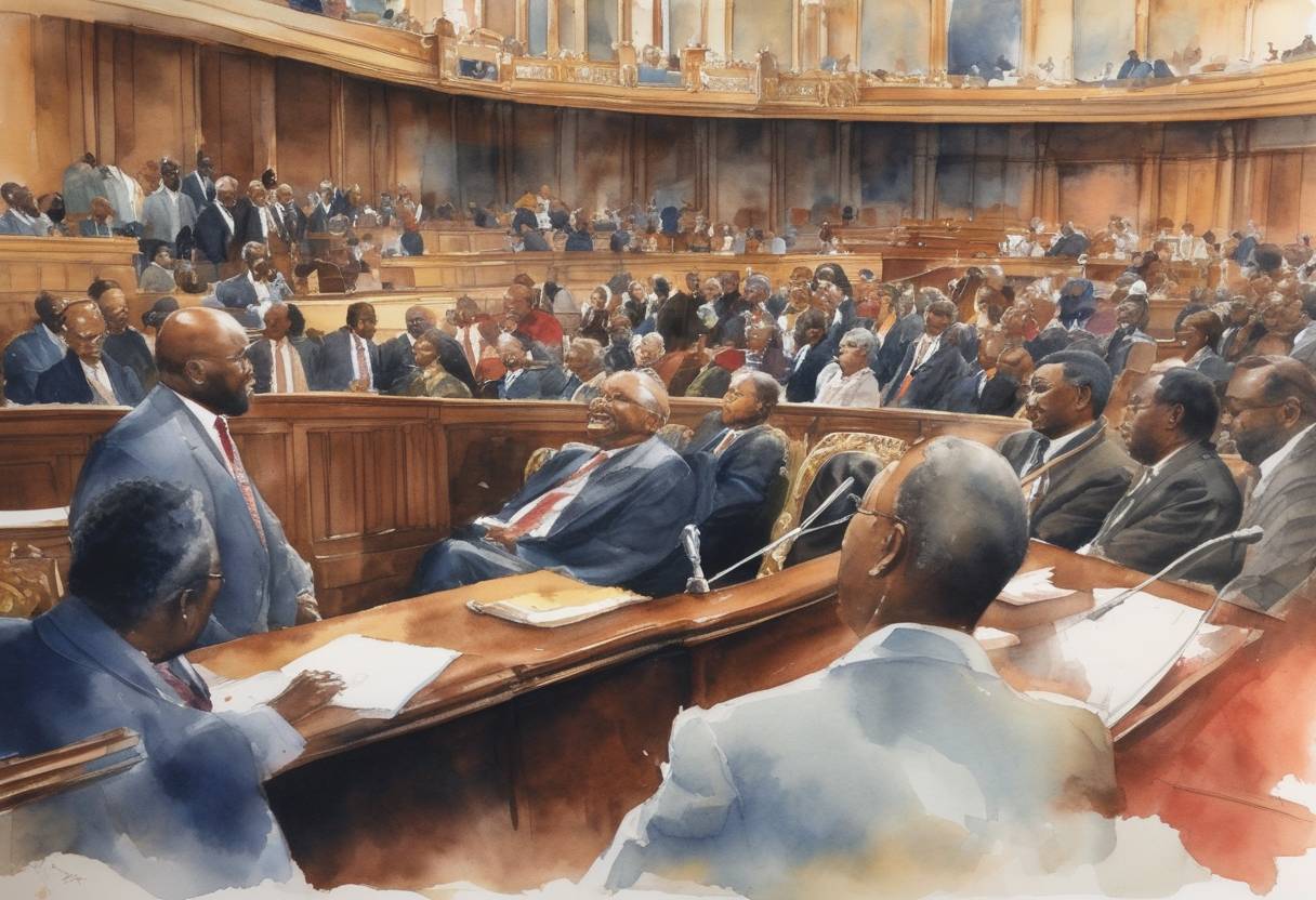 Watercolor painting based depiction of The first meeting of the South African parliament following its country's first non-racially framed election convenes. (1993)