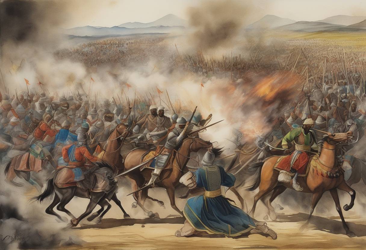 Watercolor painting based depiction of The Ottomans defeat Ahmad Gragn's forces in the Battle of Shimbra Kure in Ethiopia, marking a significant event during the Ethiopian-Adal War. (1522)